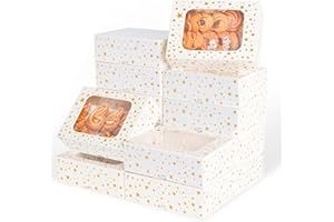 YEKTFS 12pcs Cookie Boxes with Window, 8.25x6x2.75in White Treat Boxes with Window Gold Foil Star Bakery Cake Boxes for Christmas Gift Giving Pastry Dessert Cupcakes Candy Donut Packaging