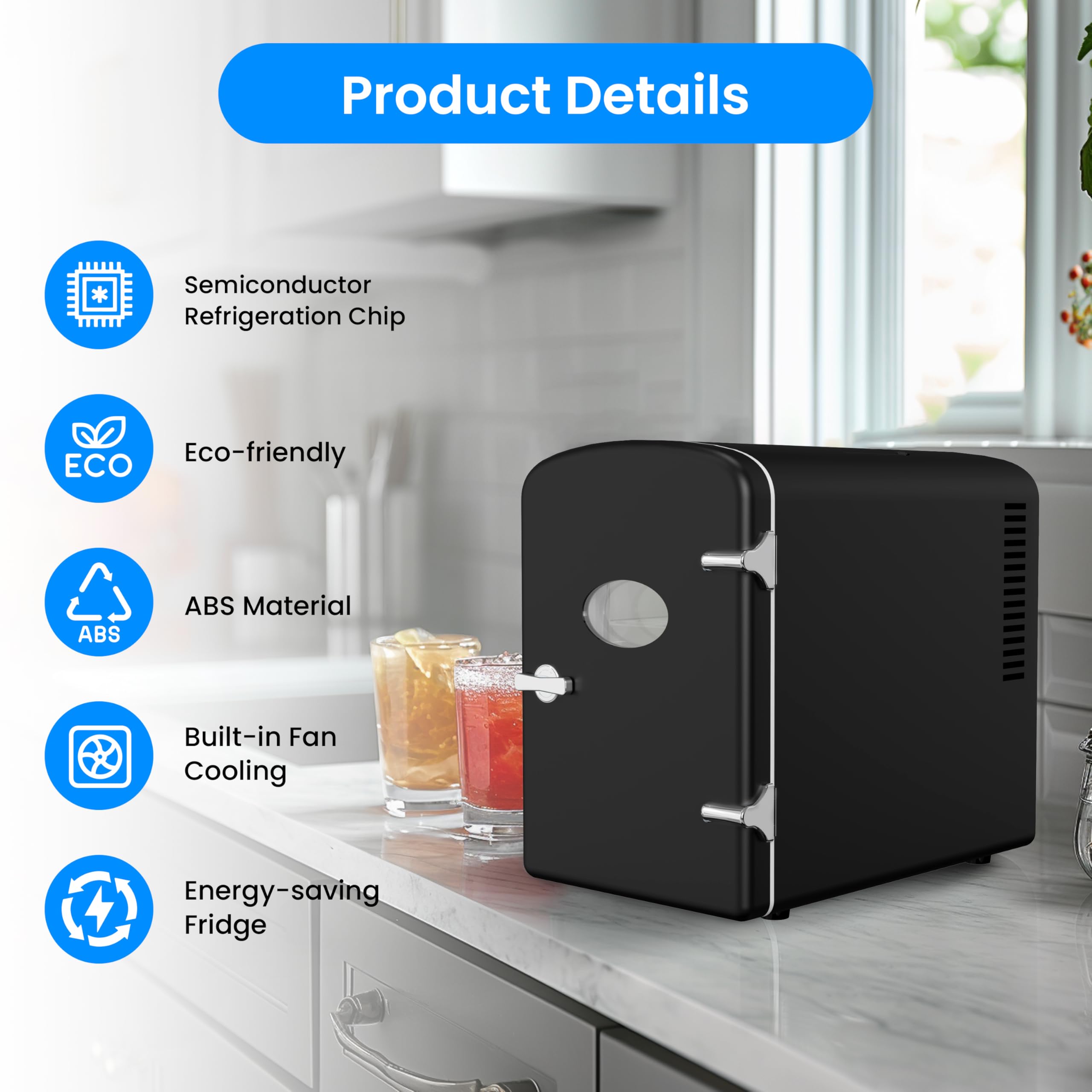 Simple Deluxe 6L Portable Mini Fridge with Observation Window, Warmer and Cooler 9 Cans Compact Refrigerator, 100% Freon-Free & Eco Friendly, 6 L, Black