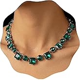 XILAZAB Emerald Green Crystal Rhinestone Statement Bib Choker Necklace for Women Sparkly Dark Green Square Round Gem Stone Collar Necklace Green Prom Costume