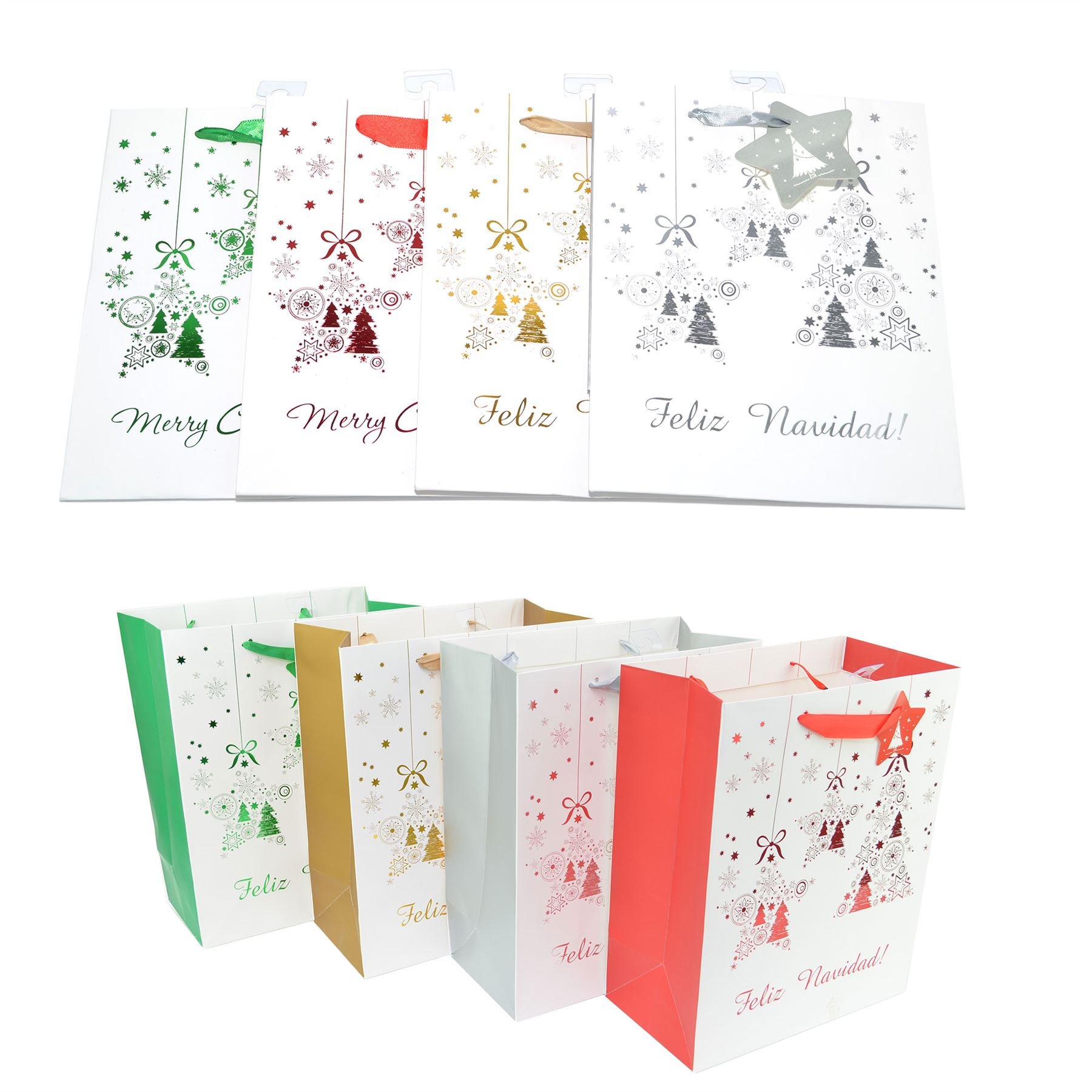 4pcs Medium Christmas Gift Bags Glitter Xmas Bags Present with Tag Recyclable