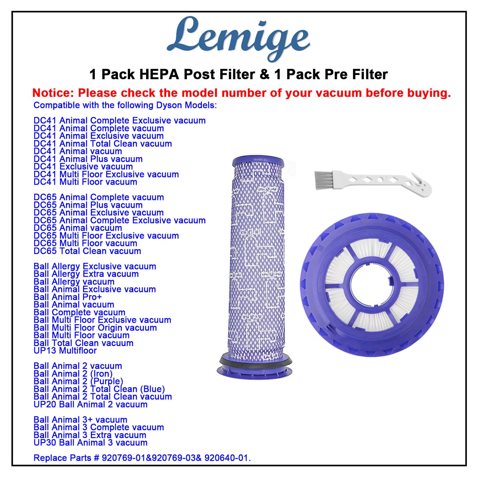 Lemige Vacuum Filters Replacement Parts for Dyson DC41 DC65 DC66 UP13 UP20 UP30 Animal, Multi Floor and Ball Animal 2 Aniaml 3 Vacuums, Part 920769-01&920640-01, 1 Pack Post Filter & 1 Pack Pre Filter