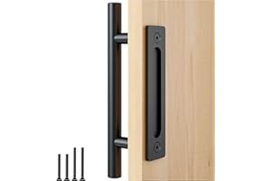 FaithLand 12" Heavy Duty Pull and Flush Door Handle Set in Black, Sliding Barn Door Handle - Fit Doors Up to 2 3/8''