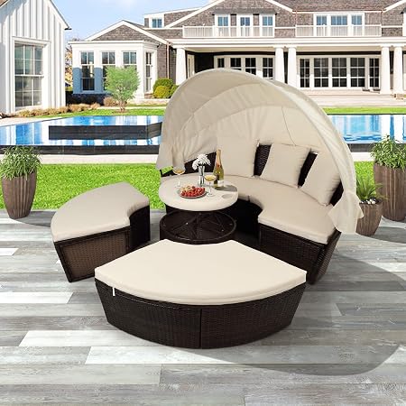 Amazon Com Lz Leisure Zone Outdoor Patio Furniture Sets All Weather Pe Rattan Wicker Round Daybed Sectional Sofa Set Conversation Sets With Retractable Canopy And Coffee Table Beige Garden Outdoor