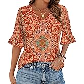 Zeagoo Womens Tops Casual V Neck Shirts Floral Solid Blouse Ruffle Tunics 3/4 Sleeve Tshirt S-XXL