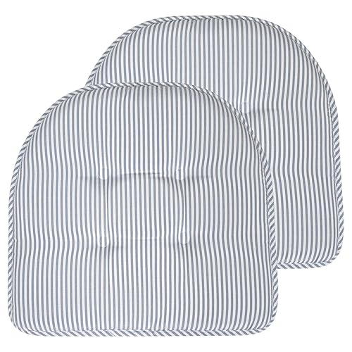 Sweet Home Collection Chair Cushion Memory Foam Pads Tufted Slip Non Skid Rubber Back U-Shaped 17" x 16" Seat Cover, 2 Count (Pack of 1), Pinstripe Blue