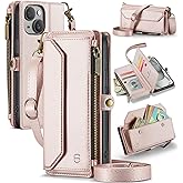 Strapurs Wallet Case Compatible with iPhone 15 RFID Blocking 7-Card Holder Soft PU Leather Magnetic Snap Shoulder Strap Zipper Pocket Phone Case Fit for iPhone 15 for Women 6.1" - Rose Gold