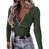 OwnTime Womens Sexy Tops Long Sleeve Henley Shirts Fitted Low Cut Tops Ribbed Zipper V Neck Cleavage Fall Shirts Blouses