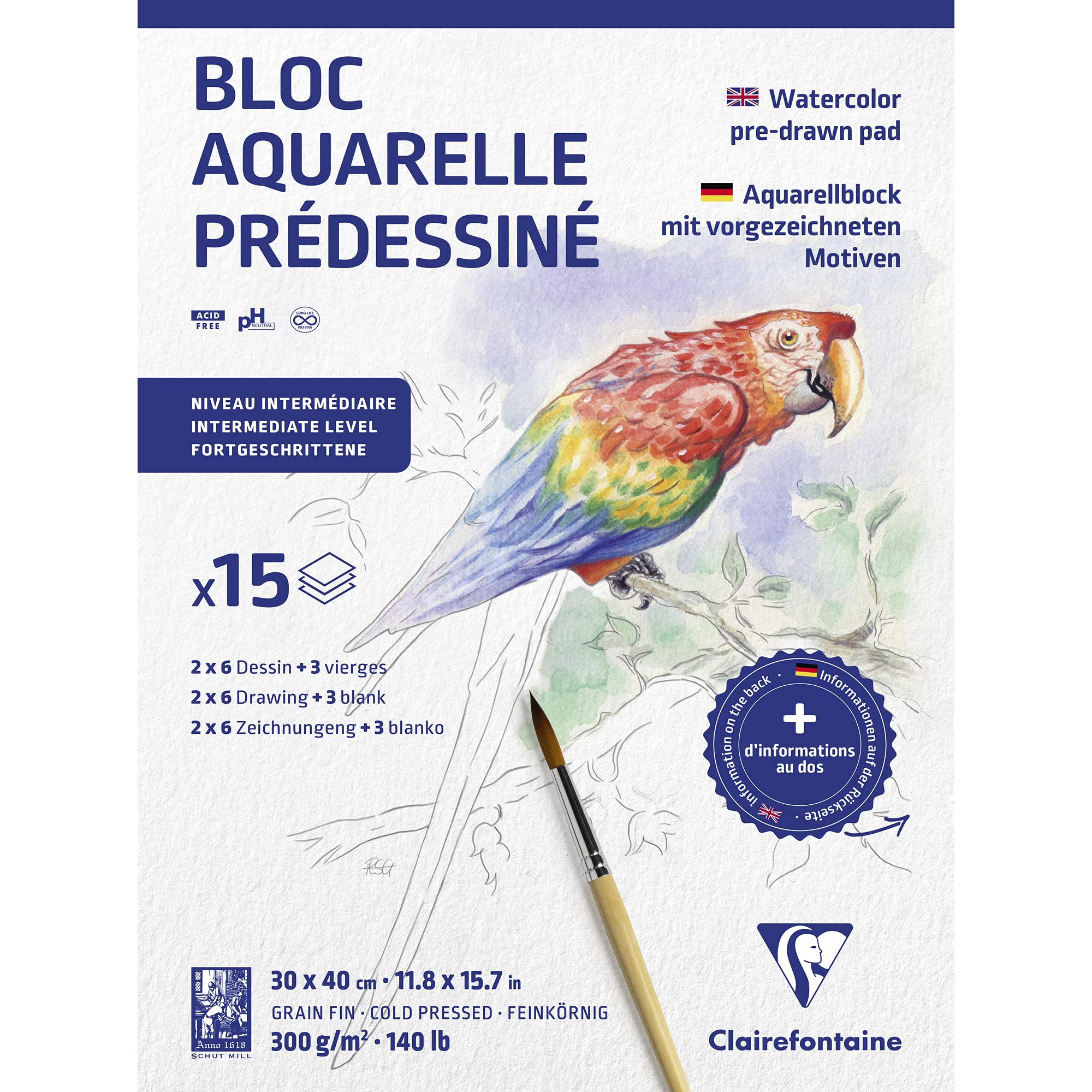 Clairefontaine - Ref 975725C - Initiation No1 Watercolour Glued Pad (15 Sheets) - 300 x 400mm in Size, 300gsm Etival Watercolour Paper - Suitabler for Learners