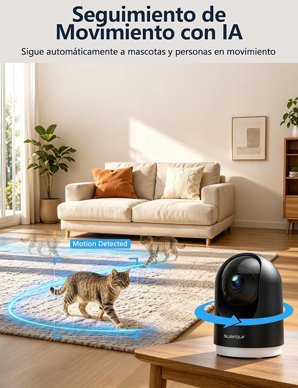 Cámara Interior 2K, cámara para Mascotas con detección de Movimiento, cámara de Seguridad para el hogar CCTV Wi-Fi con visión Nocturna, Funciona con Alexa/Google, sin Tarifa mensual