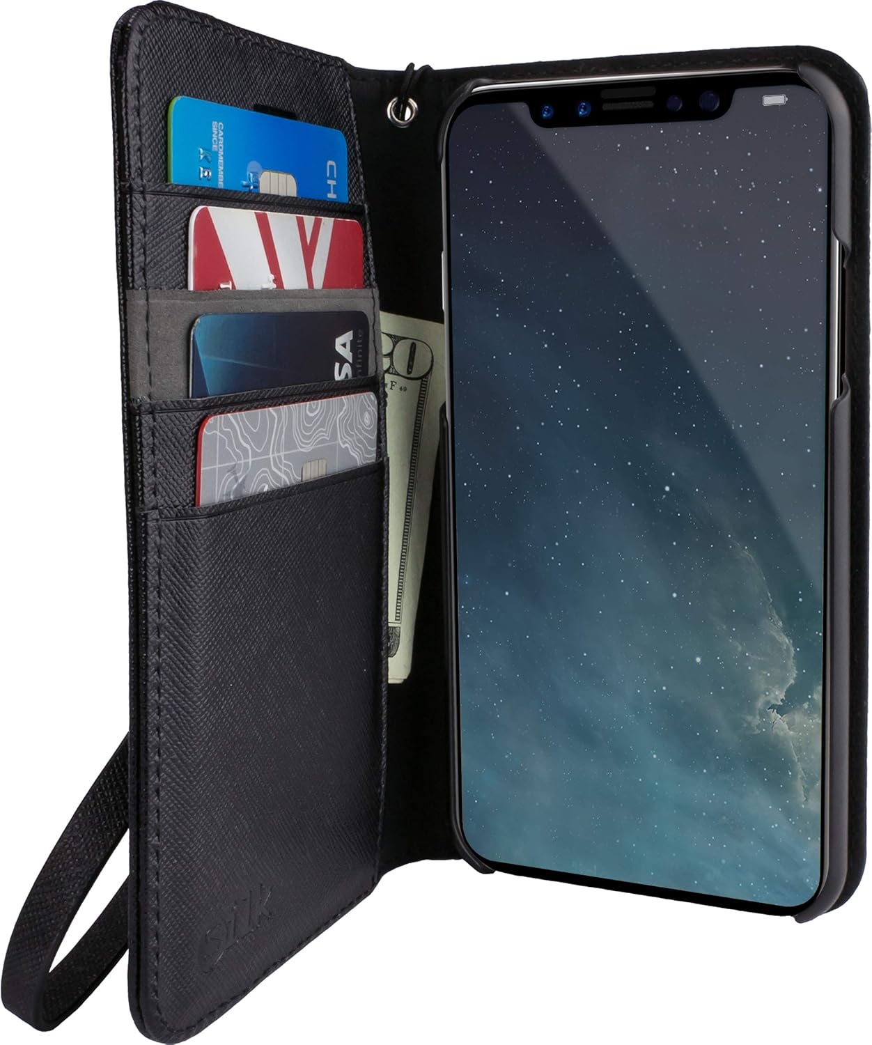 Smartish iPhone X/XS Wallet Case - Keeper of The Things - Folio Wallet Synthetic Leather Portfolio Flip Credit Card Cover with Kickstand (Silk) - Black Tie Affair