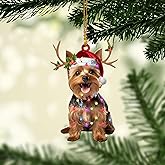 Talataca Yorkshire Terrier 2D Flat Christmas Ornament, Yorkie Christmas Hat Reindeer with String Lights Pine Tree Decor, Hanging House Charm Eve Keepsake, Car Rear View Mirror Accessories, Xmas Gift