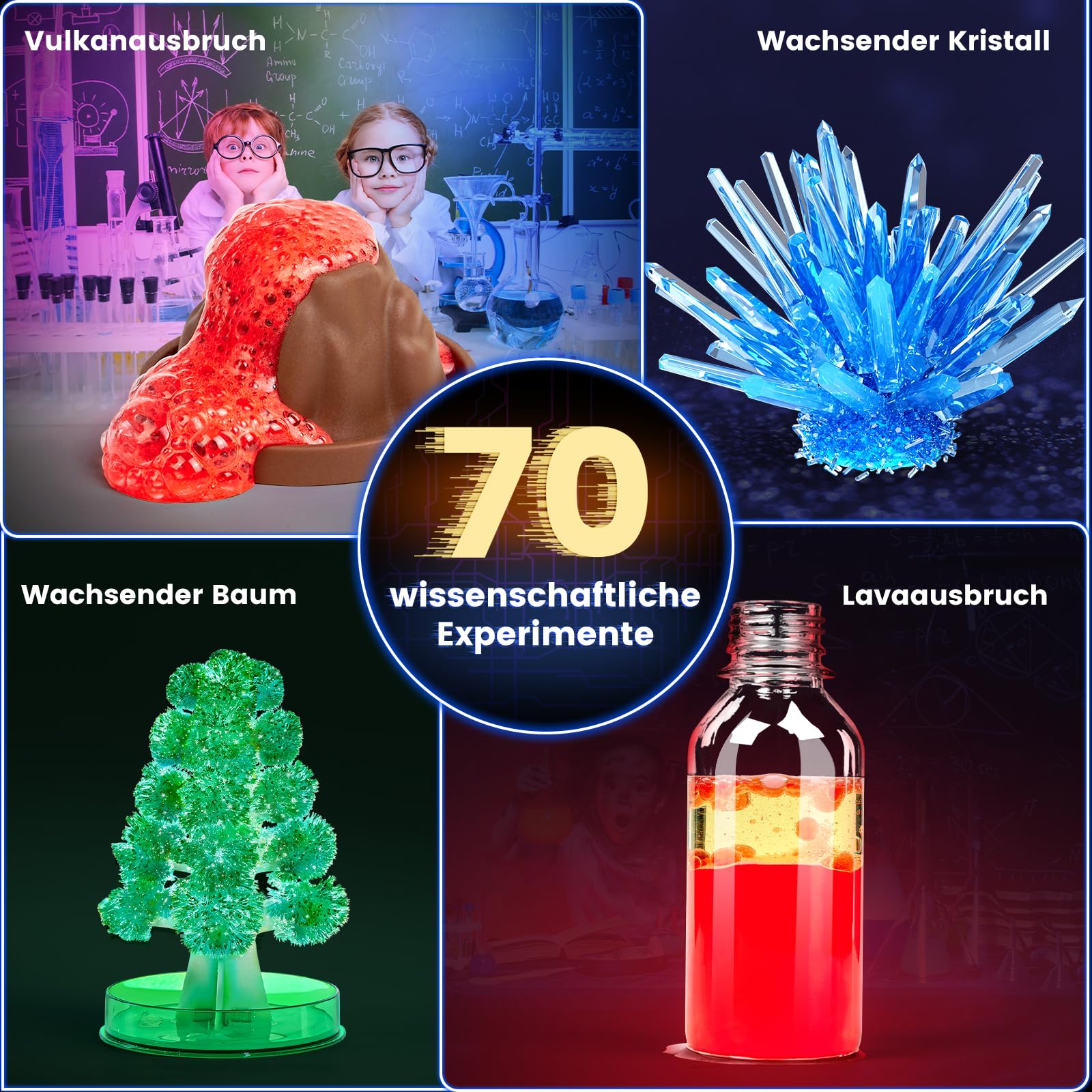 Japace 70 Experimente für Kinder, Wissenschaft Experimentierkasten Labor STEM Spielzeug 4-6-8-10-12 Jahre Geschenke für Jungen Mädchen, Chemie-Set, Kristalle Züchten, Vulkan, Gummiball 2