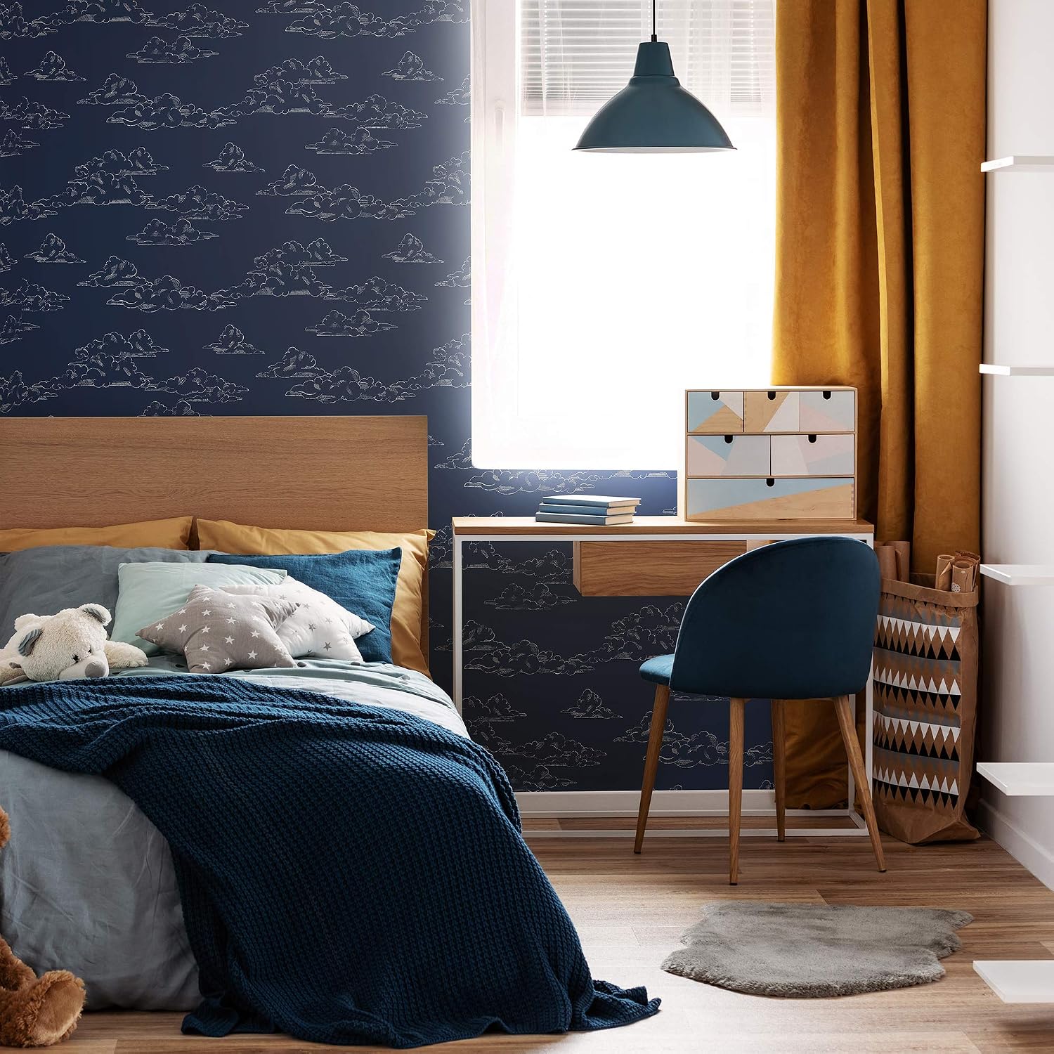 Superfresco Easy Navy Vintage Clouds Wallpaper, Paste the wall, Navy & White Wallpaper, Traditional Vintage Cloud Design