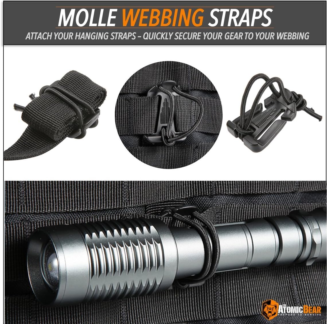The Atomic Bear Kit of 11 Attachments for 1 inch Molle Webbing Bags, Tactical Backpacks, Tactical Vests – 4 Grimlock D-Ring Carabiner Clips – 4 Molle Elastic Strings – 2 Straps 4” MOD Tac Tie : Sports & Outdoors