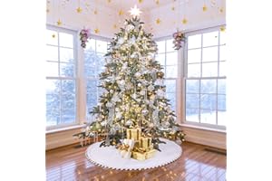 IMIKEYA Christmas Tree Skirt White 48 Inch Faux Fur Xmas Tree Skirt with Hand-Sewn White Pompoms for Christmas Tree Decorations