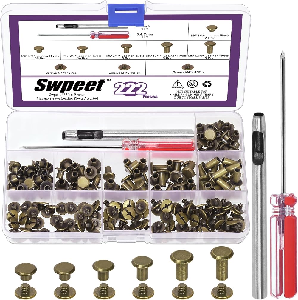 Swpeet 110 Set M5 Bronze Leather Rivets & Chicago Binding Screws Kit