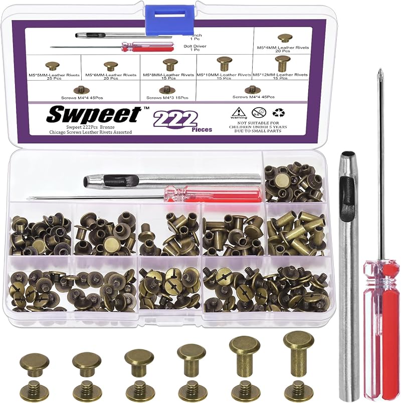 Swpeet 110 Set M5 Bronze Leather Rivets & Chicago Binding Screws Kit