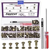 Swpeet 110 Set 6 Sizes M5 x 4mm/5mm/6mm/8mm/10mm/12mm Bronze Leather Rivets Chicago Binding Screws with Install Tools Assortm