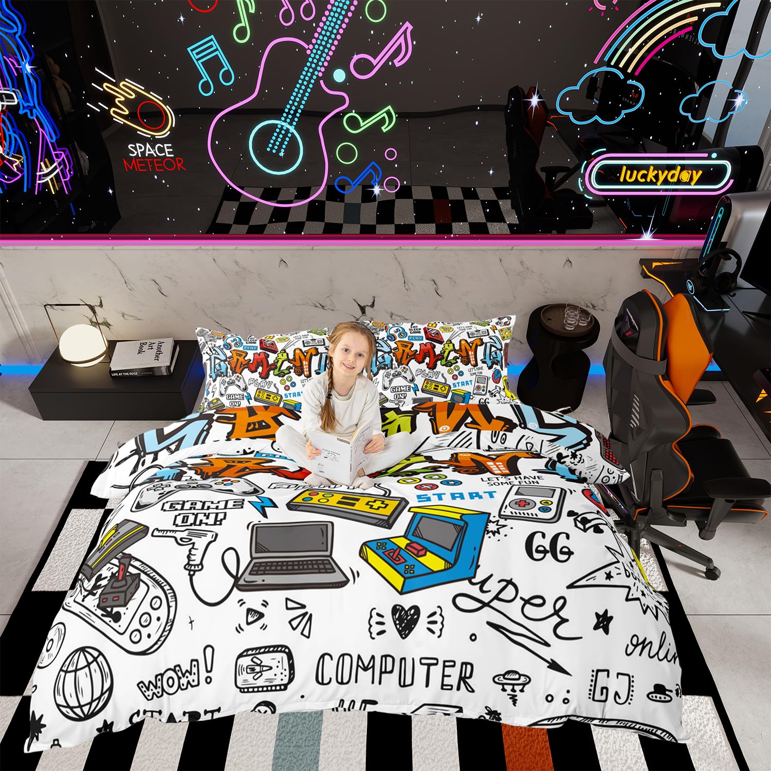 Loussiesd Gamer Bedding Set Multi-color Graffiti Gamepad Duvet Cover Video Game Controller Comforter Cover Set for Young Man Kids Teens Boys, Room Decor Youth 2Pcs Single Beddiing with 1 Pillow Case