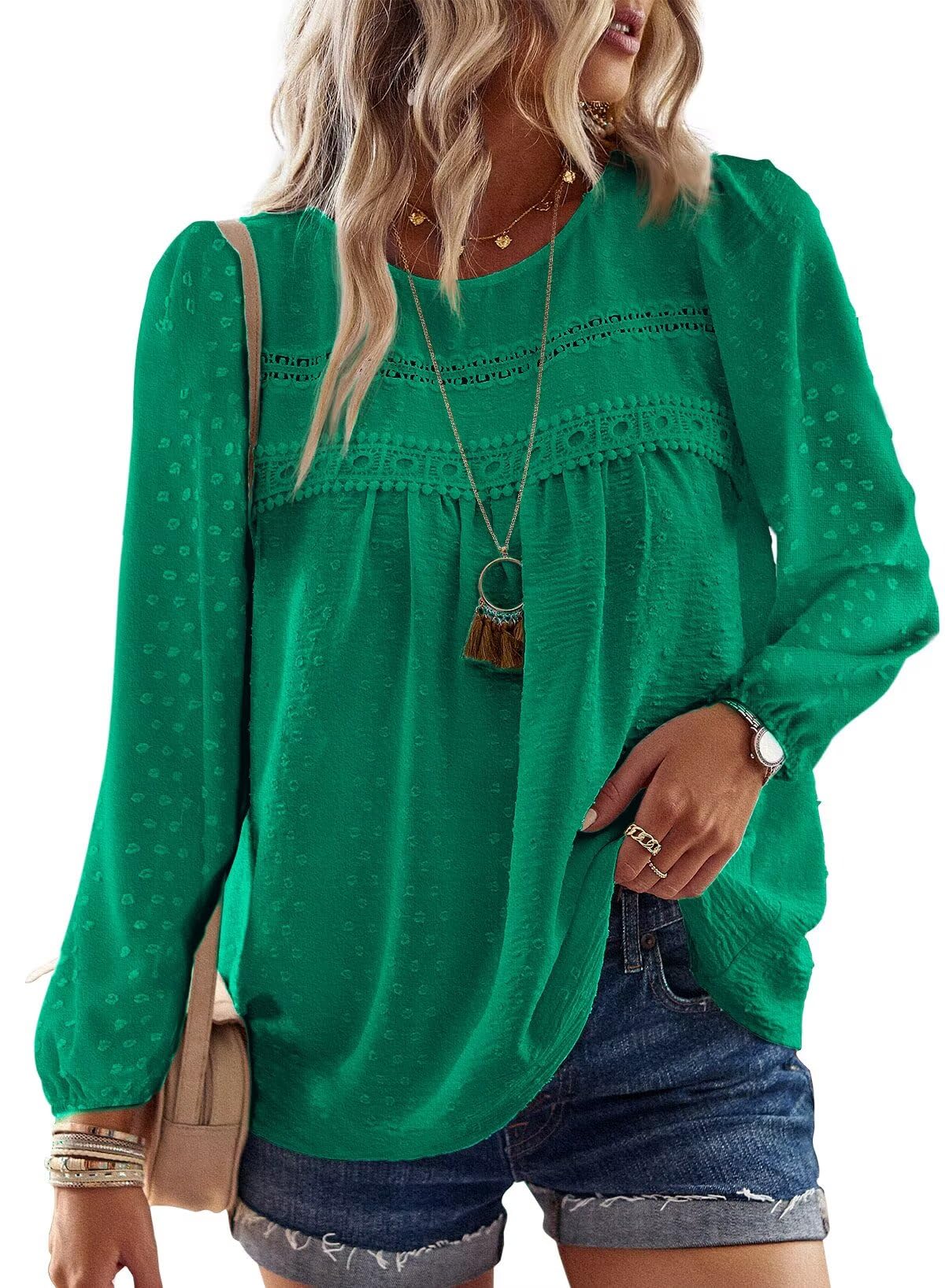 Falechay Womens Fall Tops Round Neck Hook Flower Casual Blouses for Women Dressy Casual Swiss Dot Clover Green XS Image