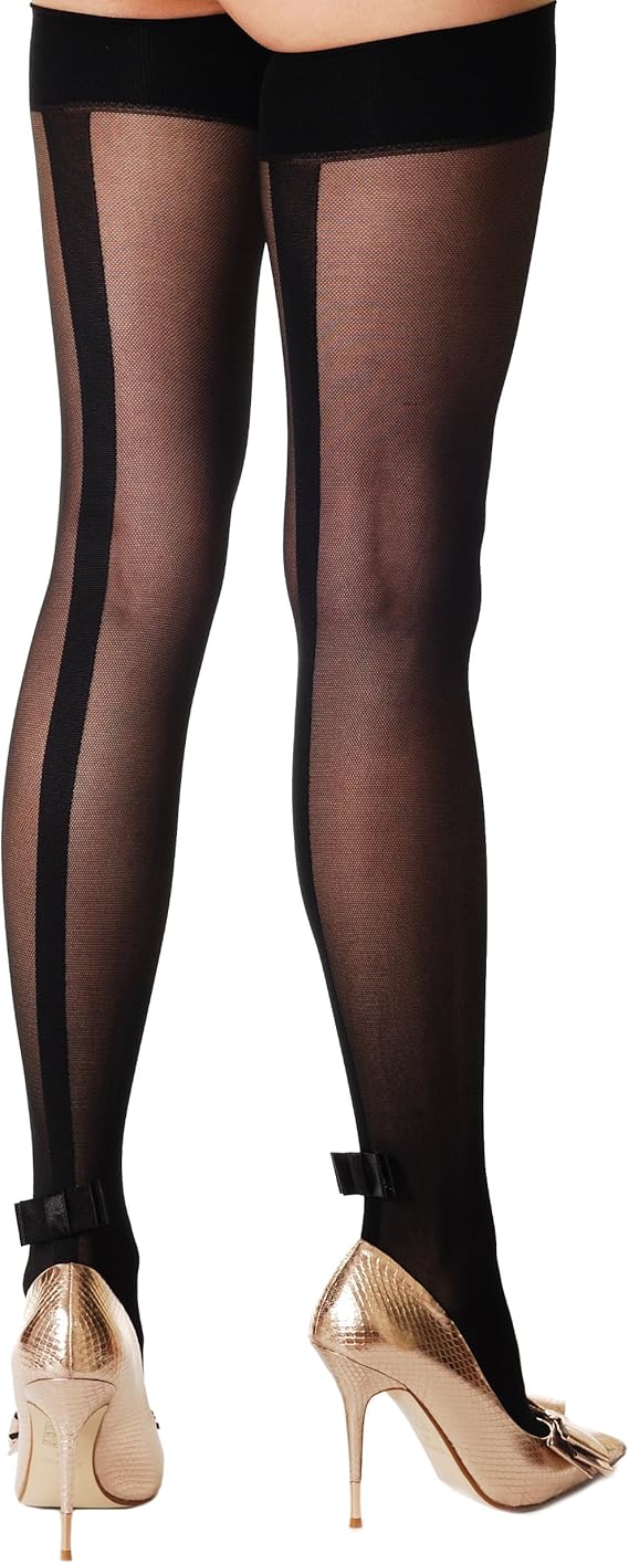Wide Seam & Bow Black Seamed Striped Opaque Stockings (Hold Ups