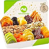 NUT CRAVINGS - Purim Mishloach Manot Dried Fruit & Mixed Nuts Gift Basket in White Gold Box (12 Assortments) Food Arrangement, Healthy Snack Care Package,