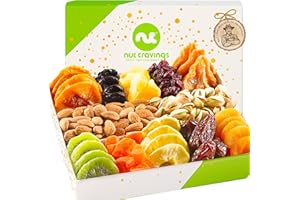 NUT CRAVINGS Gourmet Collection - Mothers Day Treats, Dried Fruit & Mixed Nuts Gift Basket in White Gold Box (12 Assortments) Food Arrangement, Healthy Snack Care Package, Kosher