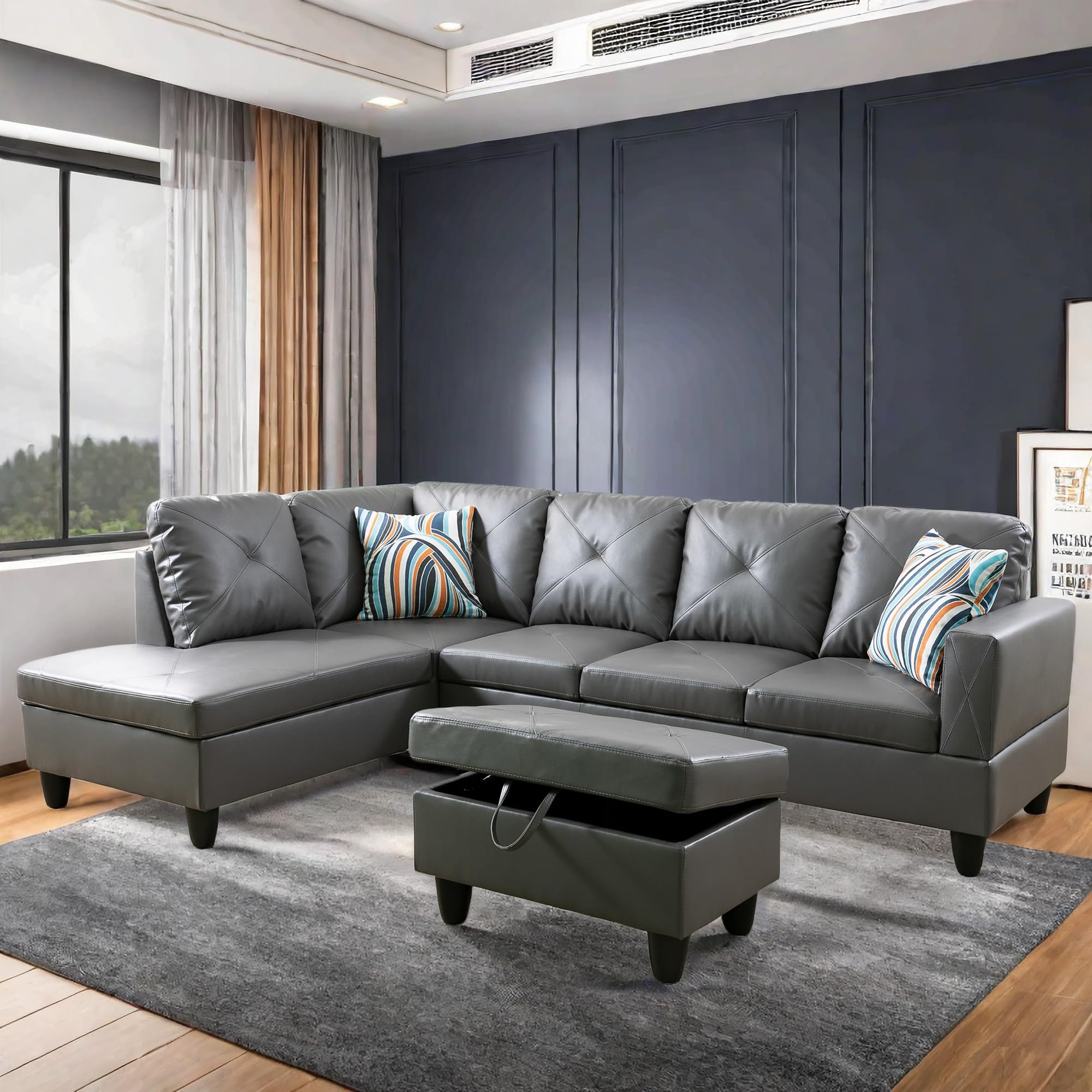Photo 1 of [Missing parts and possibly torn] GlasFlength L Shaped Sectional Sofa with Ottoman, Leather Right Facing Modern Couches for Living Room, Bedroom, Office