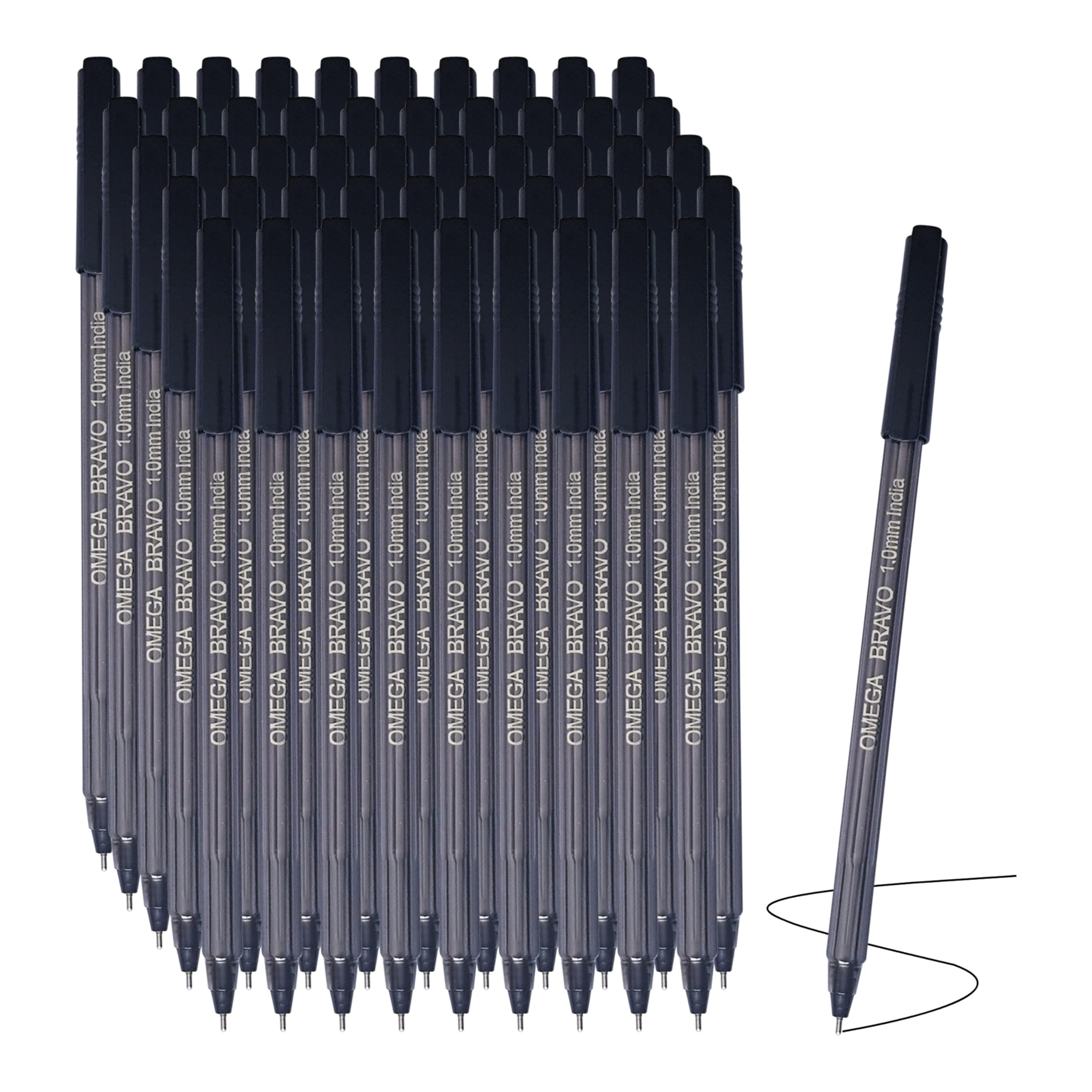 OMEGA Bravo Ballpoint Pens, BLACK, Medium Point (1.0 mm), Pack of 50, Smooth Ball Pens, Multipack, Ideal for School Office Home Everyday Use