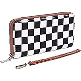 BUNCHBRAVO Checkered Wallet for Women with Wrist Strap – Zip Around Canvas Clutch with Card Slots, Cash Pocket & Interior Zip Pouch, Black & White Plaid