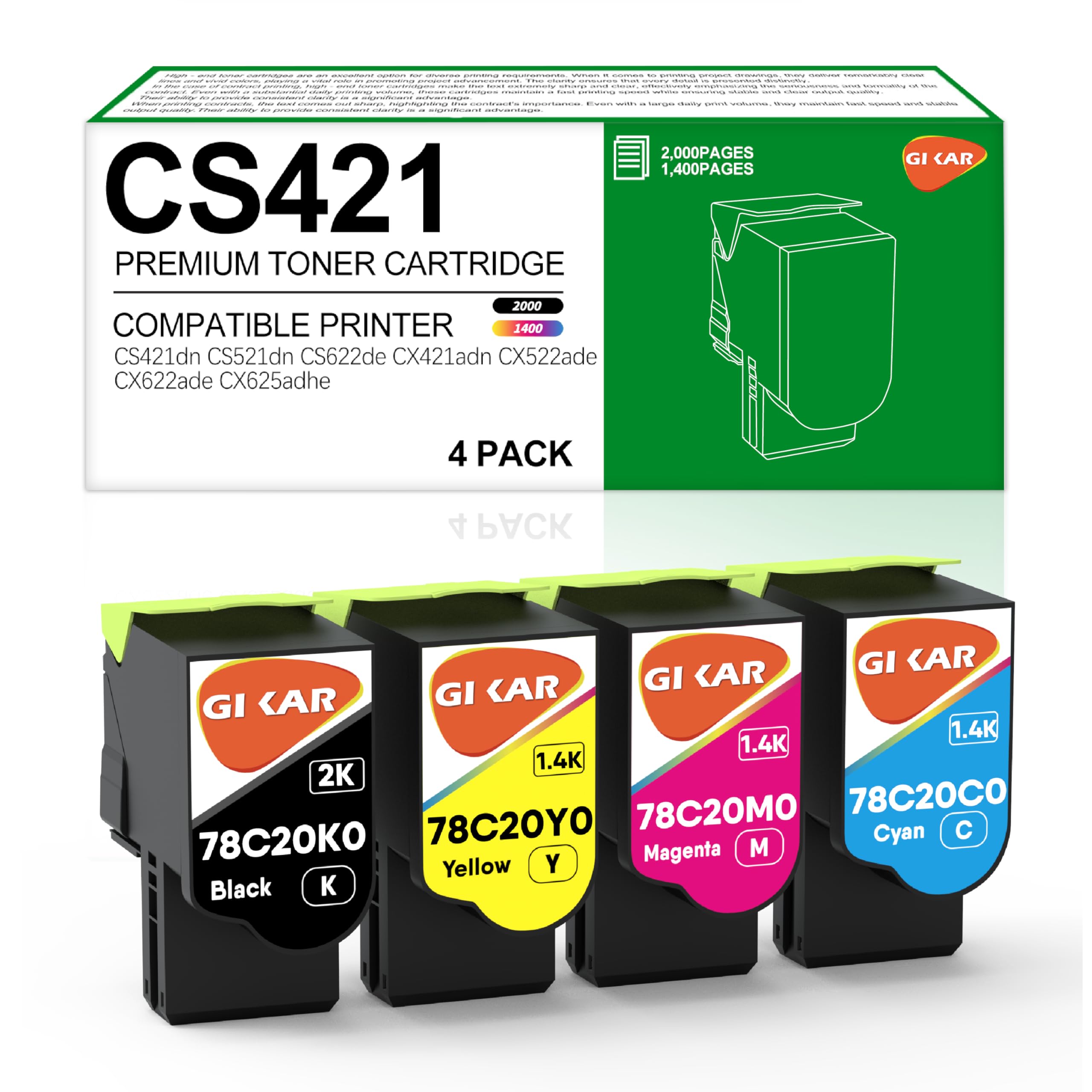 CS421 Remanufactured Toner Cartridge for Lexmark CS421 Lexmark CX421 CS521 CS421dn CX421adn CX522ade CS521dn CS622de CX622ade CX622de CX625ade CX625adhe BK 2,000 Pages, CMY 1,400 Pages