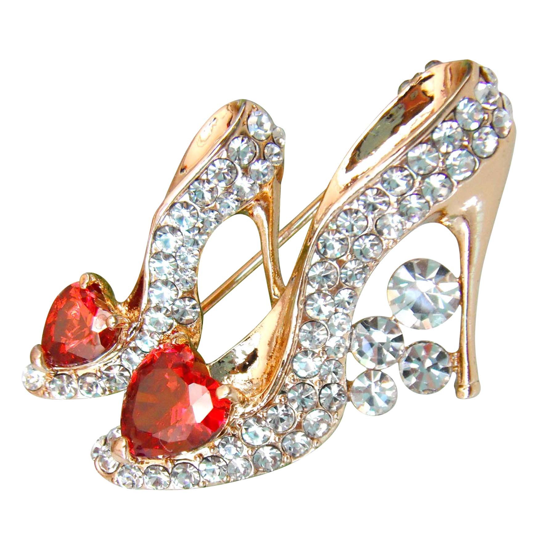 Navachi 18k Gold Plated Cubic Zicon Austrian Crystal Shoes Brooch Pins (Red)