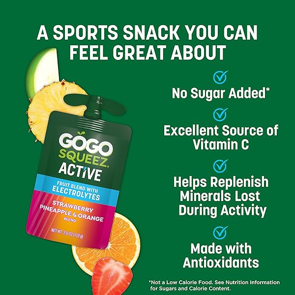 GOGO SQUEEZ NO SUGAR ADDED ACTIVE FRUIT BLEND WITH ELECTROLYTES| 18-COUNT VARIETY PACK | BLUEBERRY STRAWBERRY LEMON & STRAWBERRY PINEAPPLE ORANGE | MADE WITH REAL FRUIT AND ANTIOXIDANTS VITAMIN A, E, & C