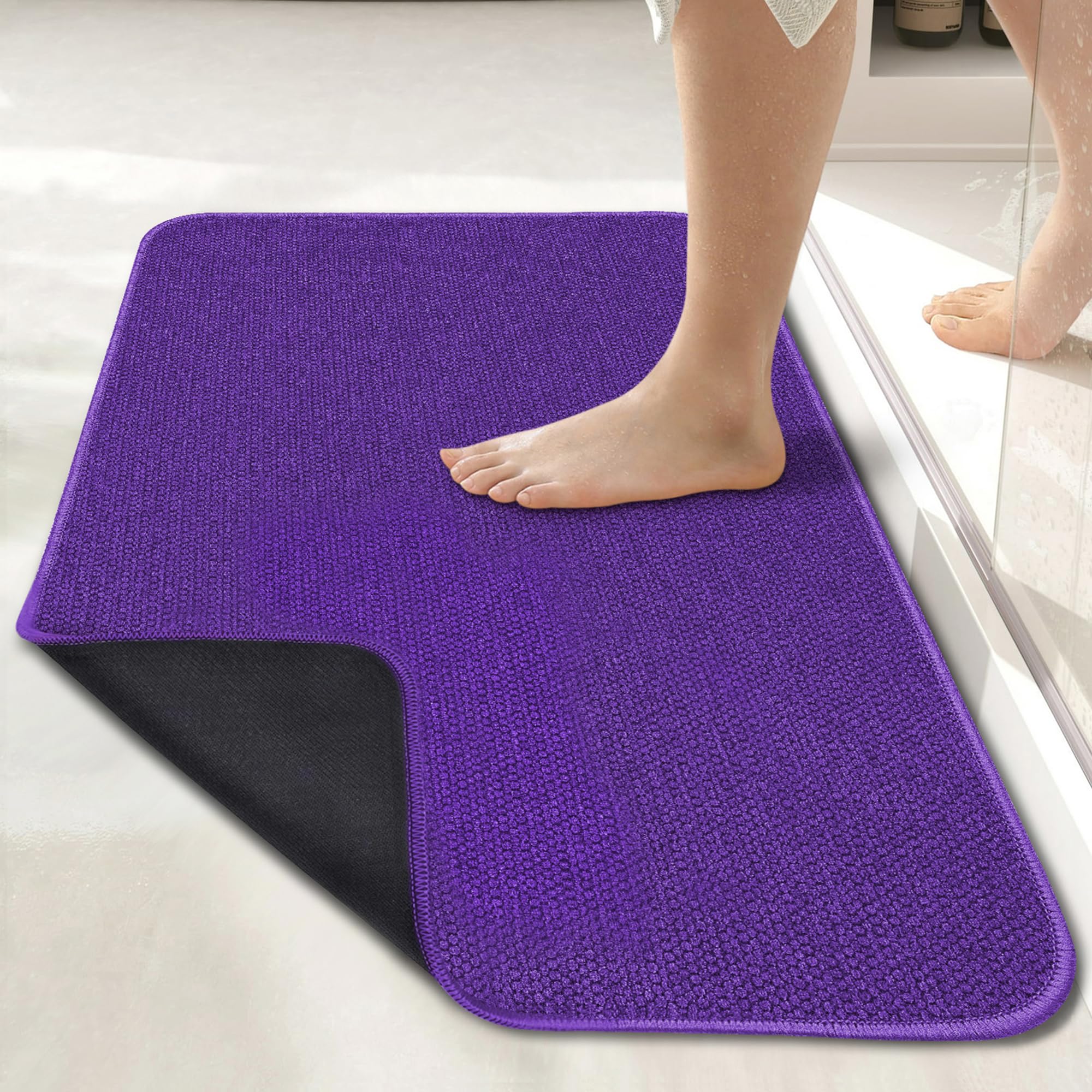 Bath Mat,Ultra Thin Bathroom Rugs,Rubber Bath Mats for Bathroom,No Slip Bath Rugs,Quick Dry,Machine Washable,Low Pile,Absorbent,Shower Outside,Sink,Home Decor Accessories.Purple,1'8"x2'8"(20x32inch) Image