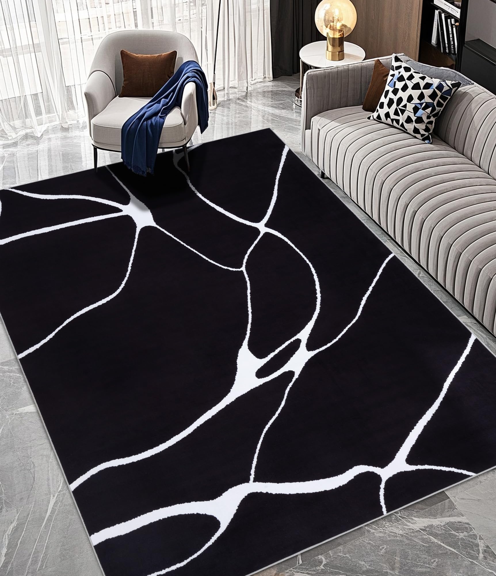 Photo 1 of ***HAS RIPS***YIHOUSE Modern Washable Area Rug for Living Room Bedroom - Large Abstract Black and White Rug Non-Slip Ultra-Thin Home Decor (Dark Warping, 6'x9'ft)***HAS RIPS***