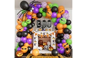 DBKL Halloween Balloons Garland Arch Kit DIY Halloween Party Supplies with BOO Foil Balloon Spider Balloon Black Orange Purple Fruit Green Confetti Balloon for Halloween Day Party Decorations