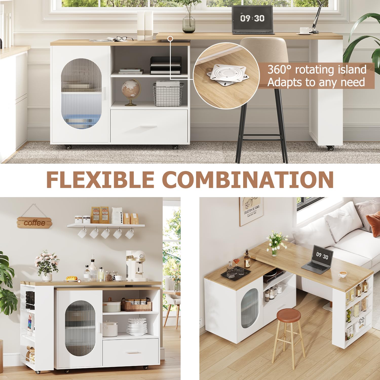 IBF Kücheninsel Freistehend mit Arbeitsplatte Auf 7 Rollen Küchenschrank Küchenwagen Moderne Mobile Kücheninsel Mit 360 Grad Drehbarer Holzplatte und Schublade Für Esszimmer Weiß 184 cm 3