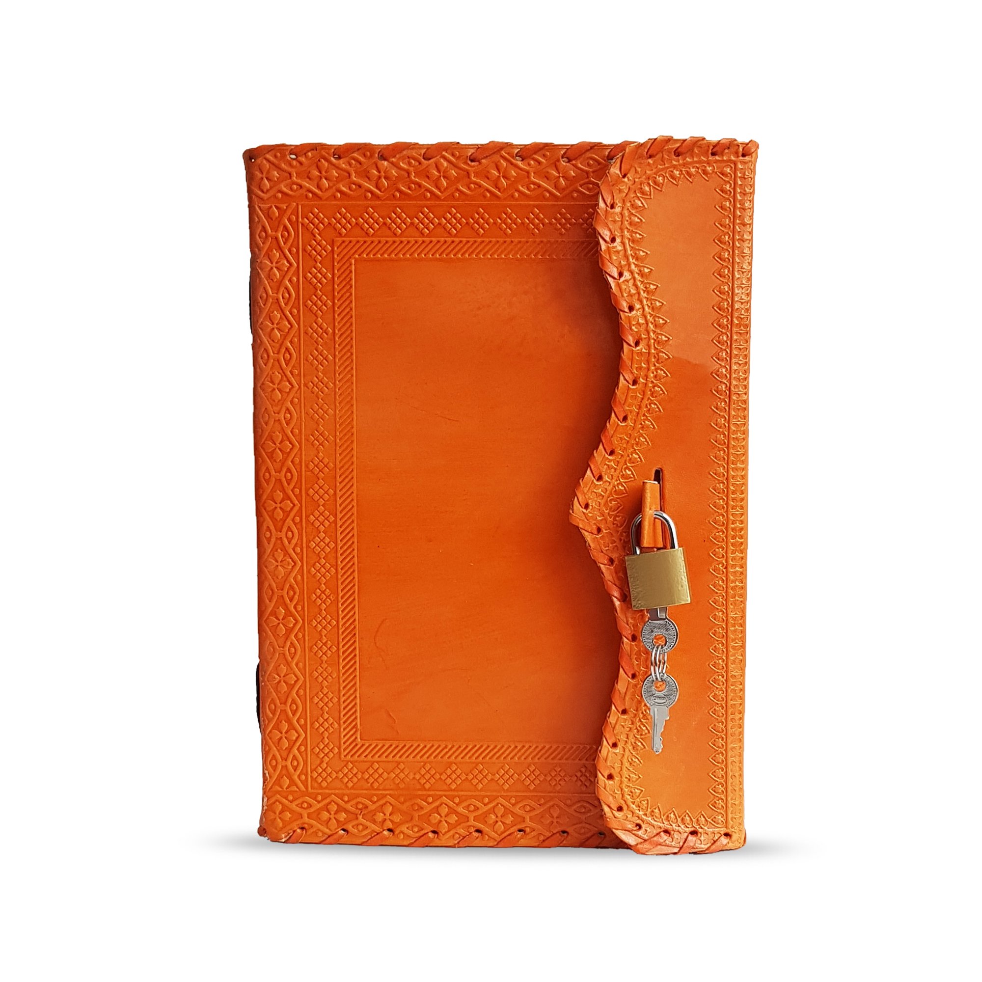 10" Leather Journal with lock Writing Pad Blank Notebook Handmade Notepad Men & Women Unlined Paper Best Present Art Sketchbook Travel Diary To Write Book Of Shadow Refillable Grimoire Orange