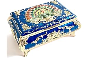 KiteStar Rectangular Vintage Jewelry Chest,Colorful Peacock Relief Metal Jewelry Box,Bracelet Necklace Earrings Ring Storage Case for Women (Royal Blue, Small)