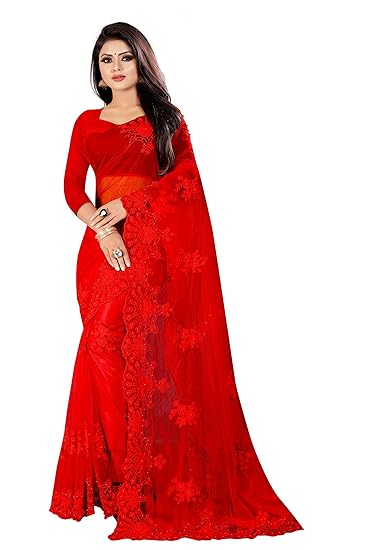 Women's Woven Net Saree With Blouse Piece (Red Net_2_Red)
