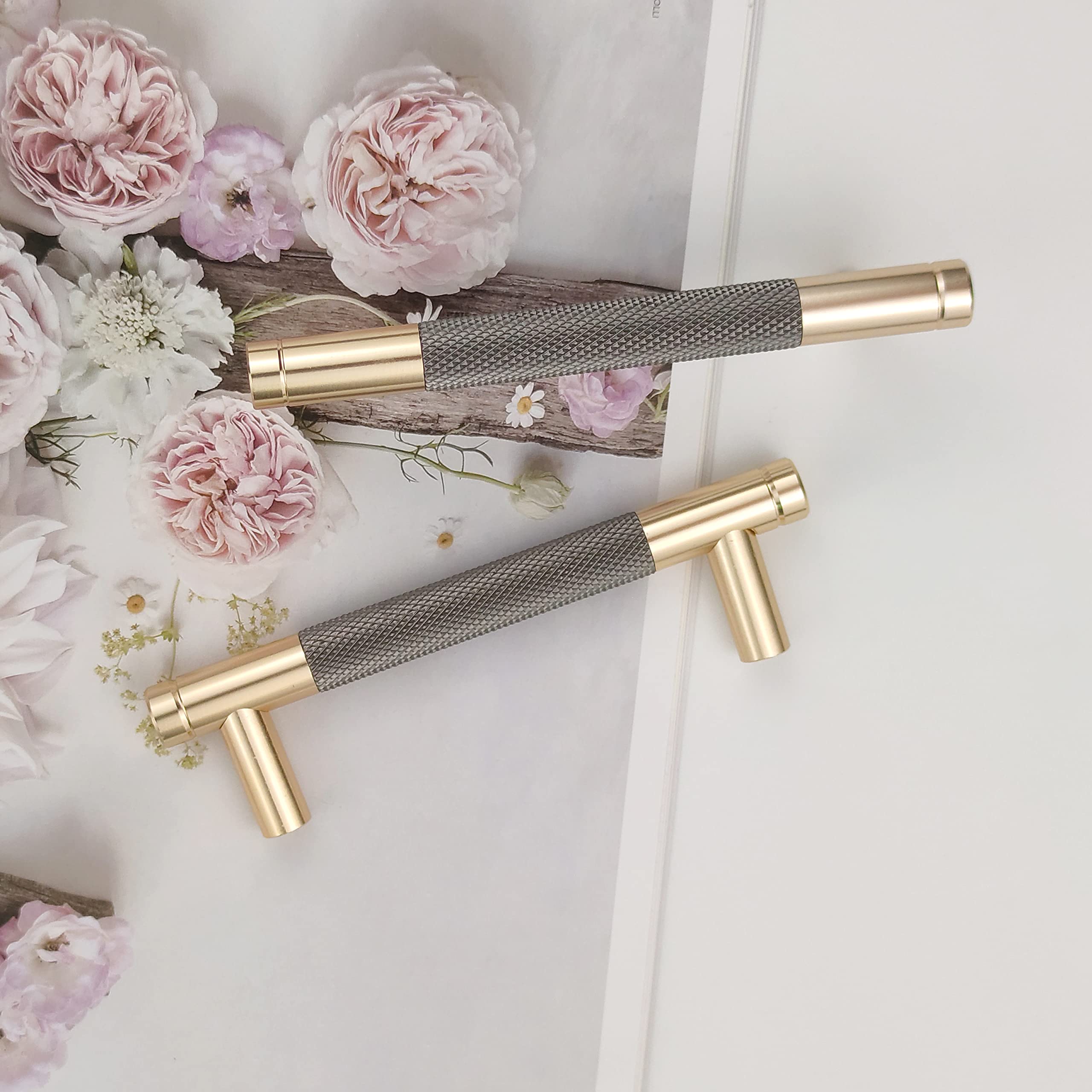 Pexintek 2 Pack Gold Modern Cabinet Handles 96mm Hole Centers Kitchen Bathroom bedrooms Study Furniture Door Vintage Pulls with Screws for Cupboards Drawer Wardrobe Dresser (Golden Grey) — image 1