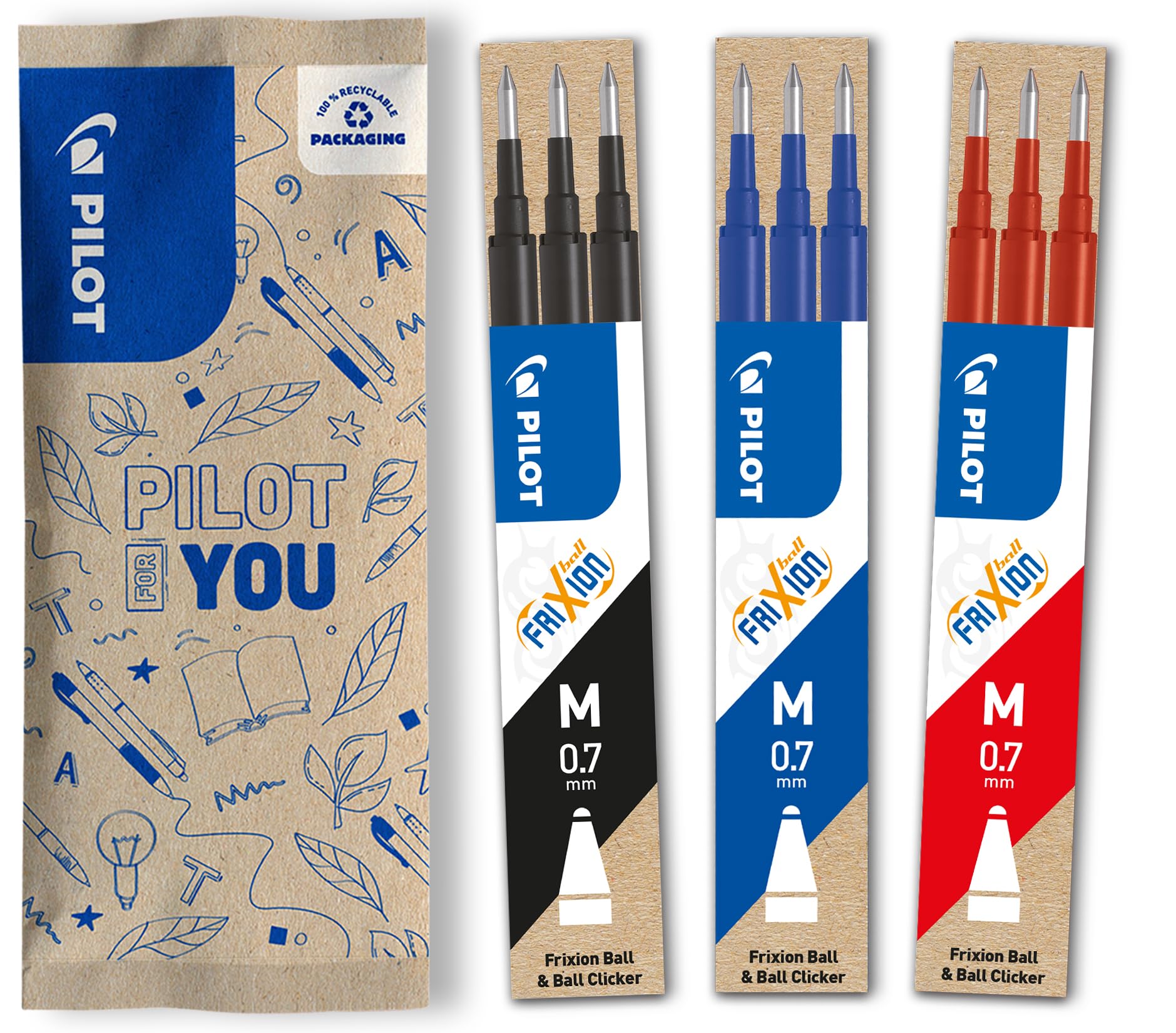 PILOT - 3 x FriXion Erasable Pen Refills - Compatible with FriXion Ball and FriXion Ball Clicker - Black, Blue, Red - Medium Tip