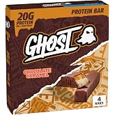 Ghost Chocolate Caramel Protein Bar, 20g Protein, 2g Sugar, 4 ct, 9.2 oz | 270 Calories per Dual-Bar Pack, Smooth Caramel &amp; Crisp Cookie Layers, Rich Chocolatey Coating, Post-Workout Ready