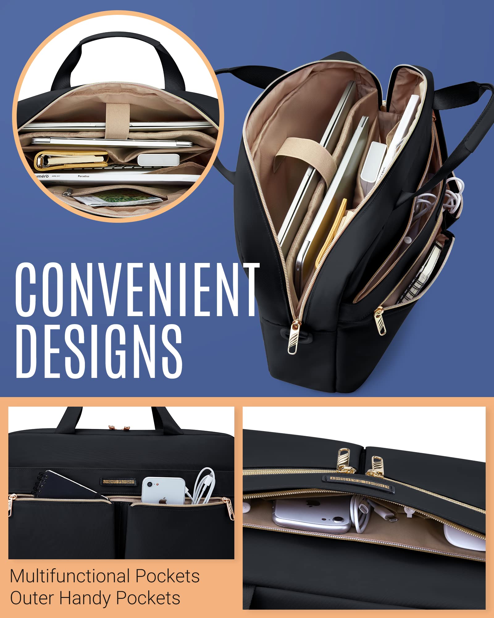 LIGHT FLIGHT 15.6/17.3 Inch Laptop Bag, Briefcase for Women, Large Laptop Case Computer Bag Office Travel Business, Nylon