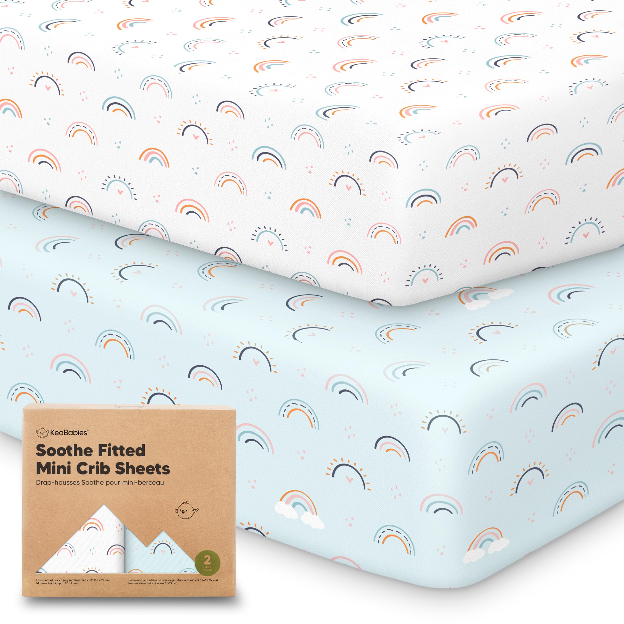 Photo 1 of 2-Pack Mini Crib Sheets Fitted - 38x26 Pack N Play Sheets for Pack and Play Mattress, Organic Cotton, Soft & Breathable Playard Bedding, Neutral Mini Toddler Bed Cover for Boys, Girls (Jolly Rainbow)