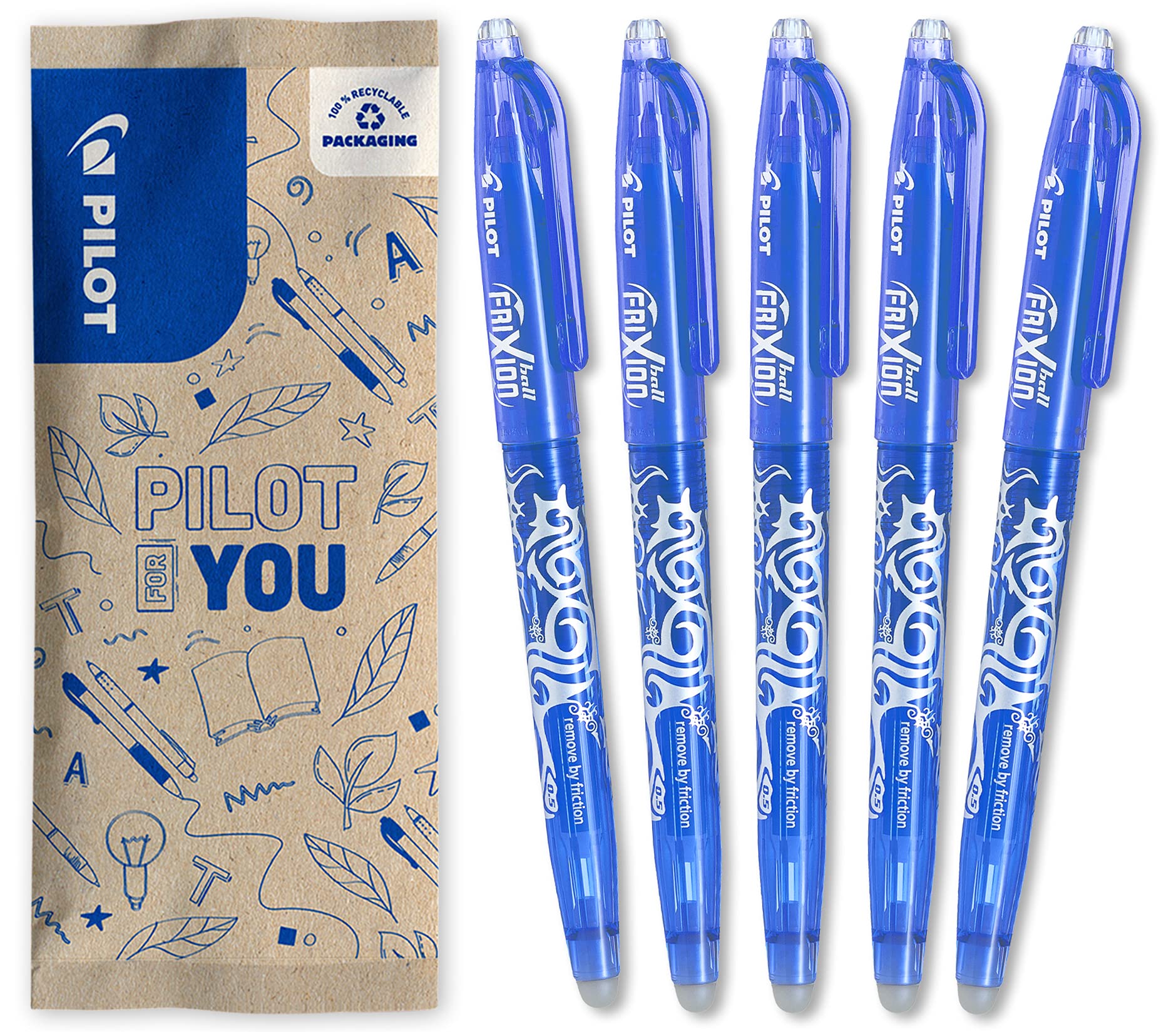 PILOT - 5 Frixion Ball - Erasable Gel Ink - Refillable and Ergonomic Rollerball Pen - Blue - Fine Point
