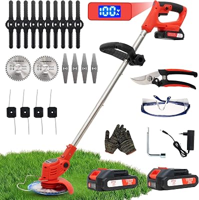 Decespugliatore a Batteria, Decespugliatore Elettrico a Batteria, dotato di 2 batterie e 4 lame, Tosaerba a batteria Tosaerba Pieghevole da 800W,adatto per tagliare l'erba di prati e cespugli