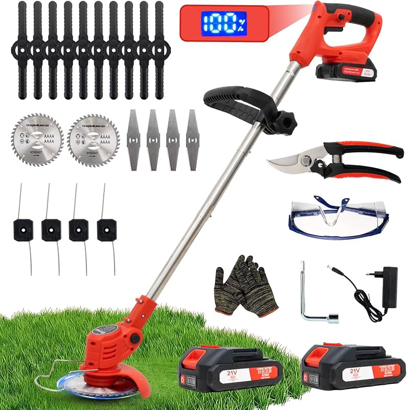 Decespugliatore a Batteria, Decespugliatore Elettrico a Batteria, dotato di 2 batterie e 4 lame, Tosaerba a batteria Tosaerba Pieghevole da 800W,adatto per tagliare l'erba di prati e cespugli