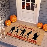 Rtteri Halloween Welcome Horror Movie Characters Doormat | Welcome You Should Leave Door Mat Indoor Bloody Non-slip Floor Entryway Rug for Halloween Front Door Home Kitchen Decoration