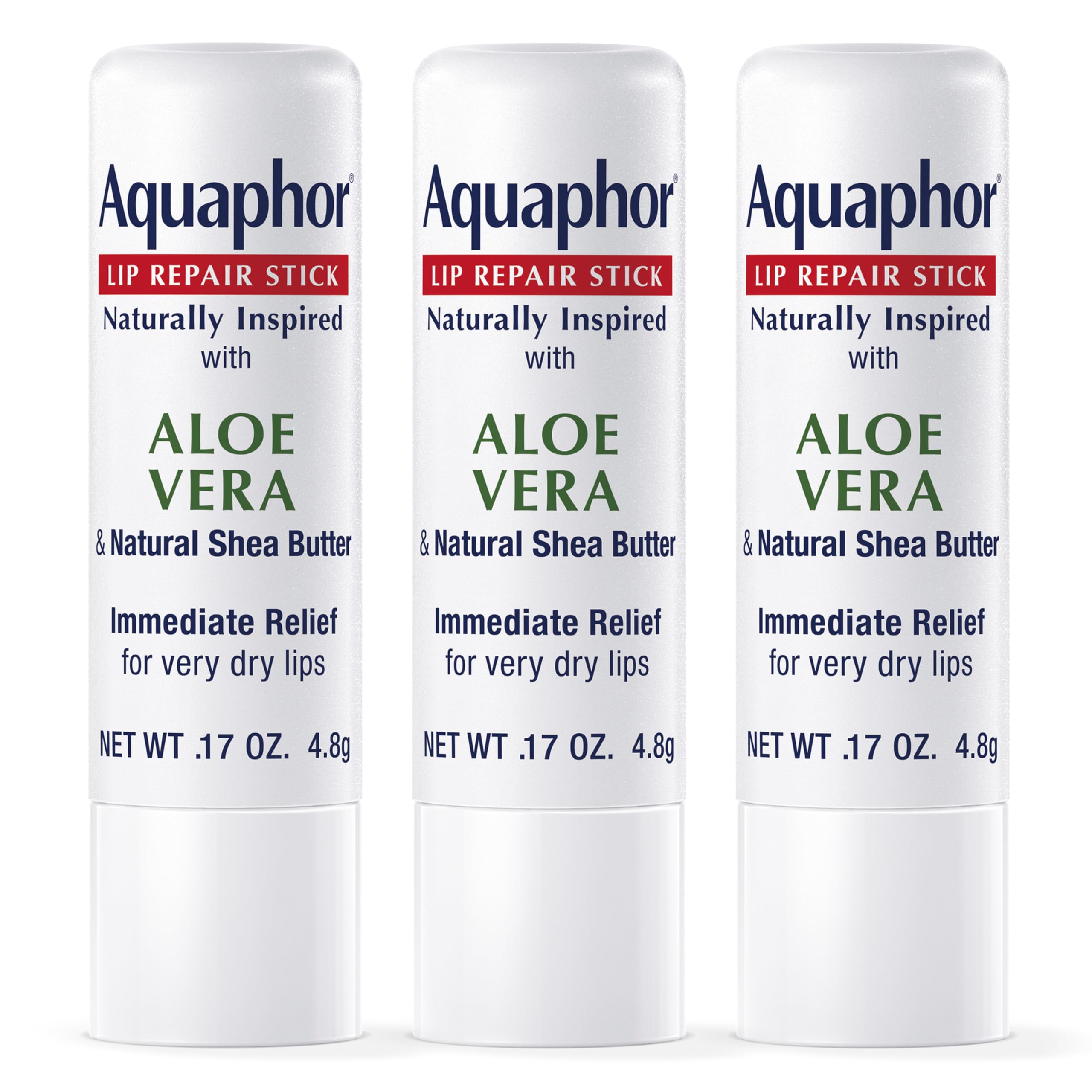 View 1 of **ONLY ONE** Aquaphor Naturally Inspired Lip Repair Stick with Aloe Vera and Natural Shea Butter, Hydrating Lip Balm Immediately Relieves Dryness and Soothes Chapped Lips, 0.17 Oz Stick, Pack of 3